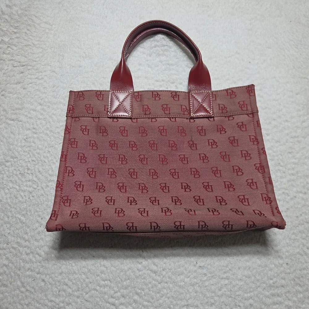 Dooney & Bourke Red Canvas Leather Trim Signature Tote Handbag Purse